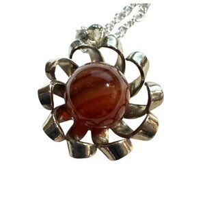 Striped Art Glass Sphere Floral Shape Pendant on Silvertone 17" Necklace Jewelry